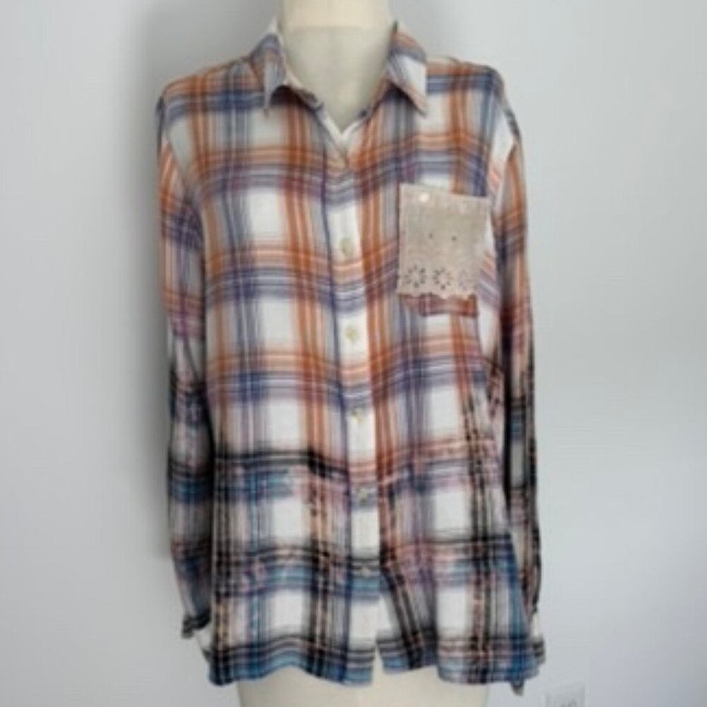 Upcycled reimagined Boho Bleached Embellished flannel shirt